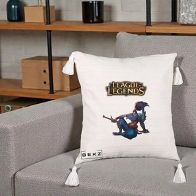 Perna Personalizata League of Legends Yasuo, 40x40 cm, Bej cu Franjuri, Husa Detasabila, Perna Inclusa, BEKZ®