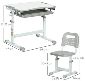 HOMCOM Set Masă și Scaun pentru Copii 6-12 ani, Reglabil pe Înălțime, cu Blat Înclinabil la 45°, 66x47x52-77 cm, Gri | Aosom Romania