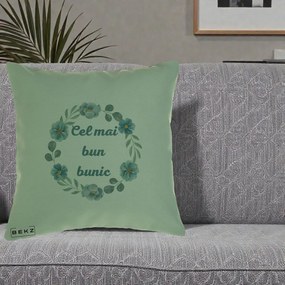 Cadou pentru Bunic - Perna Personalizata Cel Mai Bun Bunic Coronita Flori Albastre Teal, 40x40 cm, Verde, Husa Detasabila, Perna Inclusa, BEKZ®