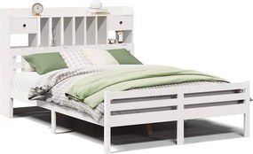 vidaXL Pat cu bibliotecă fără saltea, alb, 140x200 cm, lemn masiv pin