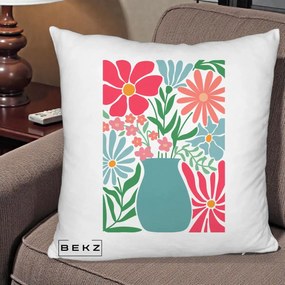 Perna Decorativa Flori in Vaza Turcoaz, 40x40 cm, Alb Pufos, Husa Detasabila, Perna Inclusa, BEKZ®