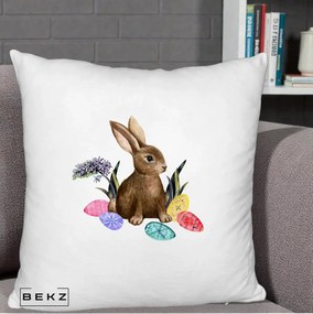 Perna Decorativa Iepuras cu Oua de Pasti Acuarela, 40x40 cm, Alb Pufos, Husa Detasabila, Perna Inclusa, BEKZ®