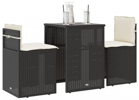 vidaXL Set bistro cu perne, 3 piese, negru, poliratan