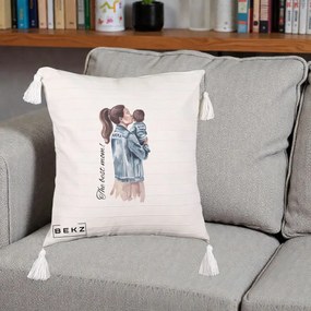 Cadou pentru Mama - Perna Personalizata The Best Mom Jachete, 40x40 cm, Bej cu Franjuri, Husa Detasabila, Perna Inclusa, BEKZ®