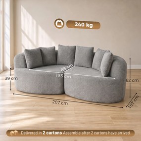 HOMCOM Canapea 3 locuri fără cadru, cu șezut amplu, 6 perne, design curbat, din chenille, gri deschis | Aosom Romania