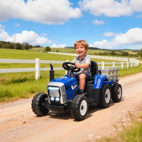 HOMCOM Tractor Electric pentru Copii cu Remorcă Detașabilă, Telecomandă, Port USB, Muzică și Lumini, 3-6 Ani, Albastru | Aosom Romania