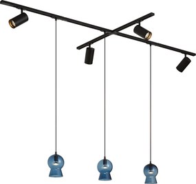 Modern Black Track System with 4 Spotlights and 3 Blue Pendant Lights 1-Phase - Iconic Bell Jeana Luxe