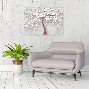 Tablou pe sticlă - Imaginea copacului alb cu flori albe, rosegold (70x50 cm)