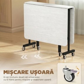 HOMCOM Masă de Dining Pliabilă, Masă Rabatabilă cu Roți și Frâne pentru 4-6 Persoane, Birou Compact cu Structură din Oțel, pentru Living, 120x80x73 cm, Alb cu Aspect de Lemn | Aosom Romania
