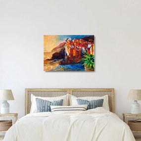 Tablou pe sticlă - Satul de coastă Cinque Terre, Riviera italiană, impresionismul modern (70x50 cm)
