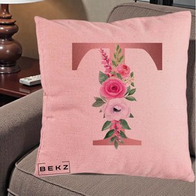 Cadou Personalizat - Perna Personalizata Monograma Rose Gold Litera T, 40x40 cm, Roz, Husa Detasabila, Perna Inclusa, BEKZ®