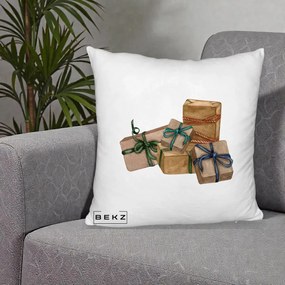 Perna Decorativa Cadouri de Craciun Kraft, 40x40 cm, Alb Pufos, Husa Detasabila, Perna Inclusa, BEKZ®