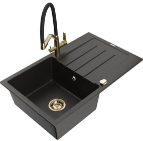 Mexen Bruno chiuvetă de bucătărie granit cu 1 compartiment și picurător și baterie de bucătărie Duo, negru/auriu metalic - 6513-