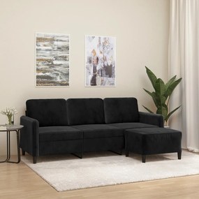 3153572 vidaXL Canapea cu 3 locuri și taburet, negru, 180 cm, catifea