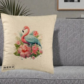 Perna Decorativa Flamingo cu Hibiscus Tropical, 40x40 cm, Bej, Husa Detasabila, Perna Inclusa, BEKZ®