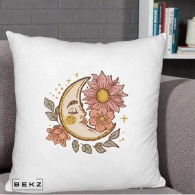Perna Personalizata Luna Boho Chip Floral, 40x40 cm, Alb Pufos, Husa Detasabila, Perna Inclusa, BEKZ®