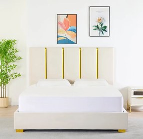 Pat Tapitat Catifea Bej 160x200 cm cu Somiera si Saltea  Inclusa ,   Cod LB-214