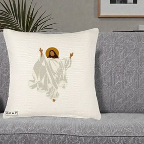 Perna Decorativa Iisus Hristos Invierea Silueta Minimalista, 40x40 cm, Crem Reliefat, Husa Detasabila, Perna Inclusa, BEKZ®