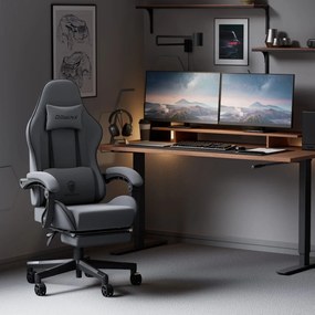 DOWINX 6658 - Scaun Gaming Ergonomic, Masaj in perna lombara, Șezut cu Arcuri Metalice și Spumă, Suport pentru picioare, Rabatabil 90°–135°, Rezistent 130 kg, Material textil, Gri