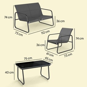 Outsunny Set Grădină Exterior 4 Piese cu Canapea 2 Locuri 2 Fotolii Masă cu Sticlă Securizată Țesătură Textilene Gri închis | Aosom Romania