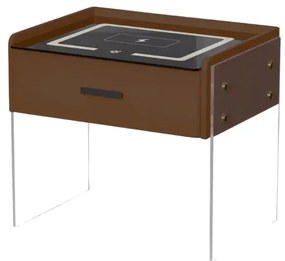 Noptieră inteligentă cu &icirc;ncărcare wireless, iluminare LED, 1 sertar de depozitare &ndash; maro, design modern din sticlă și lemn