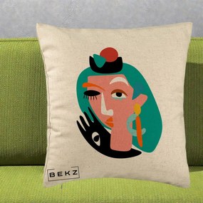 Perna Decorativa Portret Abstract Matisse Turcoaz, 40x40 cm, Bej, Husa Detasabila, Perna Inclusa, BEKZ®