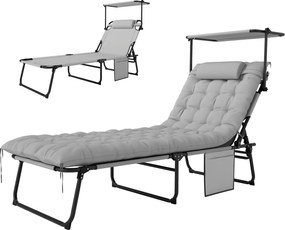 Outsunny Șezlong pliabil cu copertină și saltea, șezlong cu spătar reglabil în 4 poziții, gri deschis | Aosom Romania