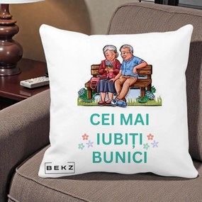 Cadou pentru Bunici - Perna Personalizata Cei Mai Iubiti Bunici Cuplu pe Banca Ilustratie, 40x40 cm, Alba Mata, Husa Detasabila, Perna Inclusa, BEKZ®