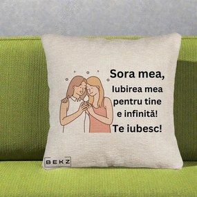 Cadou pentru Sora - Perna Personalizata Sora Mea Te Iubesc Imbratisare cu Sclipiri, 40x40 cm, Bej Canapea, Husa Detasabila, Perna Inclusa, BEKZ®