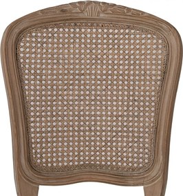Scaun dining tapițat shabby chic din lemn, ratan și stofă, bej, cu spătar cannage și picioare cambrate sculptate, 95 x 52 x 49 cm, „Fleurette”