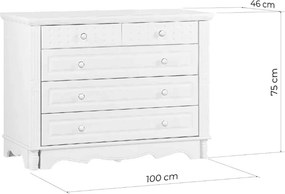 Comodă lemn masiv alb Elizabeth 5 Sertare, 100 × 46 × 75 cm