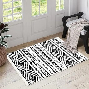 Covor camera antiderapant, 120x180 cm, etnic alb-negru, Model Tribal