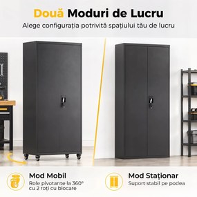 HOMCOM Dulap Metalic pentru Depozitare, Oțel, Încuietoare, Roți Detașabile și Rafturi Reglabile, 80x40x180 cm, Negru | Aosom Romania