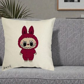 Perna Personalizata Labubu Rosu-Visiniu Solo, 40x40 cm, Ecru, Husa Detasabila, Perna Inclusa, BEKZ®