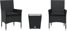 vidaXL Set bistro cu perne, 3 piese, negru, poliratan și sticlă