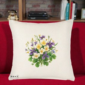 Perna Decorativa Viorele Iris Violet si Trifoi, 40x40 cm, Crem Reliefat, Husa Detasabila, Perna Inclusa, BEKZ®