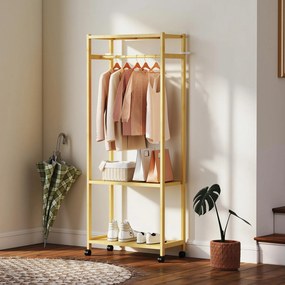 HOMCOM Cuier de Podea cu Bară și 4 Roți, Economisire Spațiu, Cuier din Bambus cu Rafturi Inferioare, pentru Dormitor, Hol, 70x35x175 cm, Lemn Natural | Aosom Romania