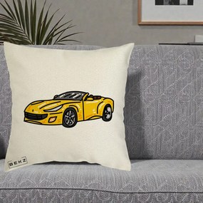 Perna Personalizata Masina Cabriolet Galbena Grafic, 40x40 cm, Ecru, Husa Detasabila, Perna Inclusa, BEKZ®