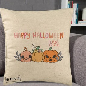 Perna Decorativa Happy Halloween Boo Trei Dovlecei Kawaii, 40x40 cm, Bej, Husa Detasabila, Perna Inclusa, BEKZ®