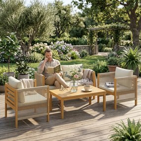 Outsunny Set mobilier de grădină din lemn pentru 4 persoane cu canapea 2 locuri, 2 fotolii, masă, împletitură din frânghie, design cu lamele, perne lavabile | Aosom Romania