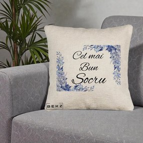Cadou pentru Socru - Perna Personalizata Cel mai Bun Socru cu Flori Albastre Acuarela, 40x40 cm, Bej Canapea, Husa Detasabila, Perna Inclusa, BEKZ®