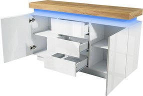 Comodă sideboard cu 2 uși și 3 sertare, iluminare LED, 140x39x81 cm, Alb