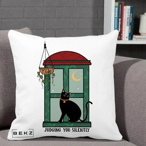 Perna Decorativa Judging You Silently Pisica Geam, 40x40 cm, Alba Mata, Husa Detasabila, Perna Inclusa, BEKZ®