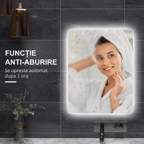 kleankin Oglindă de Baie cu Lumină LED, 3 Culori, Întrerupătoare Touch și Luminozitate Reglabilă, 70x50x3 cm, Transparent | Aosom Romania