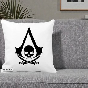 Perna Personalizata Assassin's Creed Black Flag Skull, 40x40 cm, Alba Mata, Husa Detasabila, Perna Inclusa, BEKZ®