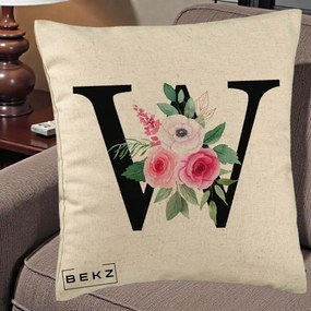 Cadou Personalizat - Perna Personalizata Monograma Florala Litera W cu Trandafiri si Anemona, 40x40 cm, Bej, Husa Detasabila, Perna Inclusa, BEKZ®