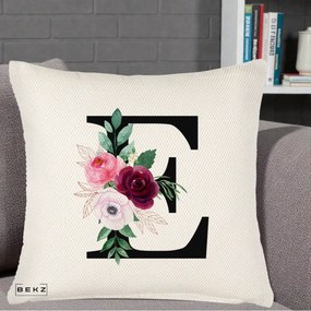 Cadou Personalizat - Perna Personalizata Monograma Florala Litera E, 40x40 cm, Crem Reliefat, Husa Detasabila, Perna Inclusa, BEKZ®