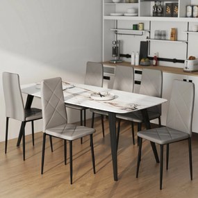 HOMCOM Set de 6 Scaune de Sufragerie, cu Spătar Înalt cu Cusături Tip Romb din Piele Ecologică și Oțel, 41x50x97 cm, Gri | Aosom Romania