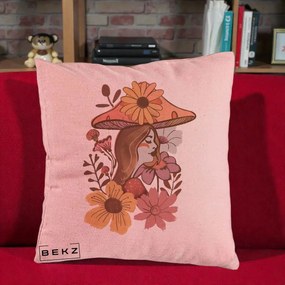 Perna Decorativa Fata Ciuperca Florala Boho, 40x40 cm, Roz, Husa Detasabila, Perna Inclusa, BEKZ®