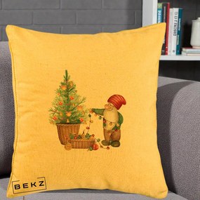 Perna Decorativa Pitic de Craciun cu Brad, 40x40 cm, Galben, Husa Detasabila, Perna Inclusa, BEKZ®